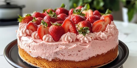 Charming strawberry cake adorned with fresh strawberries and fluffy pink frosting on a sleek black plate against a blurred green background