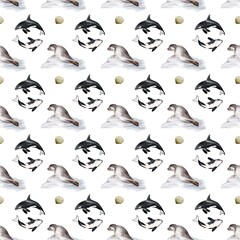 Whale and seal patterned textile featuring a seamless design on a white background