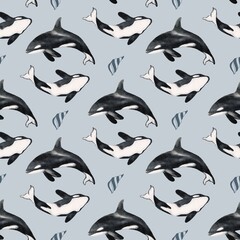 Whales and seals pattern in seamless fabric design for playful textile applications