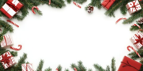 Christmas frame with green fir branches and red gift boxes, candy canes on white background, perfect for personalized holiday messages.