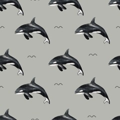 Whale and seal patterned textile design featuring seamless orca motifs