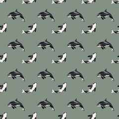 Intricate seamless design featuring orcas and seals on soft green fabric