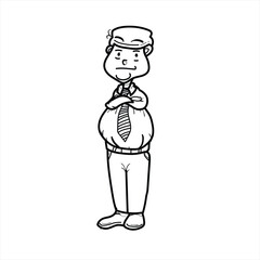 illustration of a fat man in an office, cartoon, black and white style, good for children's coloring teaching materials, clothing, complementary visual elements and others