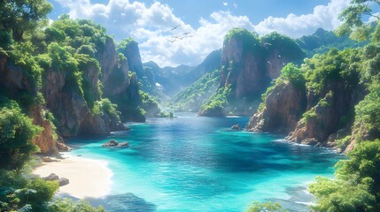 Soft white sand beach nestled between towering cliffs adorned with dense, verdant greenery. generative ai