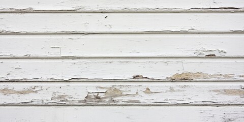 Fototapeta premium Vintage white wall close-up with peeling paint textures, horizontal wooden panels, subtle beige undertones, ideal for rustic backdrop use.