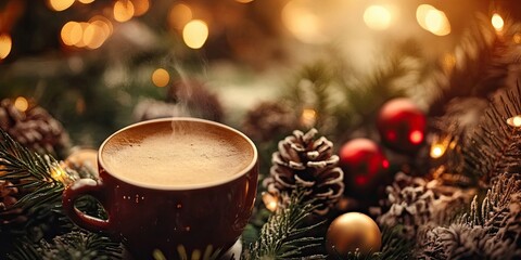 Cozy red coffee cup steaming surrounded by pine branches and Christmas ornaments glowing with warm bokeh lights creating a festive atmosphere