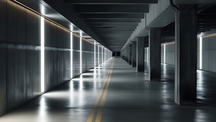 Empty cyberpunk clean tunnel corridor industrial futuristic cement grunge concrete glossy dark underground parking garage hangar warehouse showroom studio