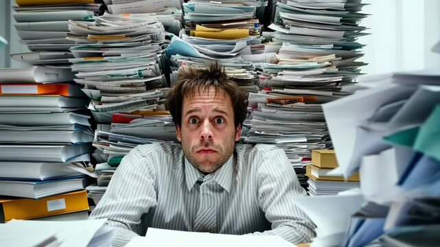 Stressed office worker overwhelmed by piles of paperwork at a cluttered desk in a busy workplace