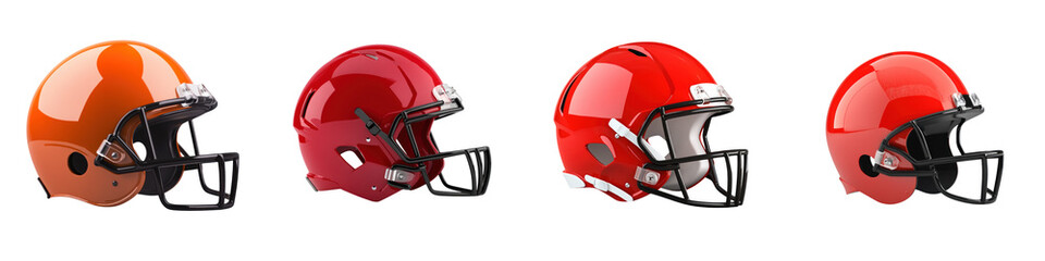 Glossy football helmets in various colors, showcasing detailed designs and finishes