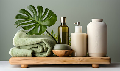 Serene spa setting with natural toiletries, lush towels, and tropical leaf. Perfect for wellness, beauty, or relaxation themes.