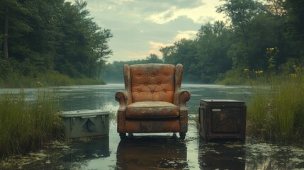 Solitude by the Lake: A Rustic Armchair in a Serene Forest Setting