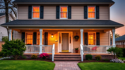 Obraz premium Dream House Exterior at Dusk: A Charming Home with a Welcoming Porch and Landscaped Garden