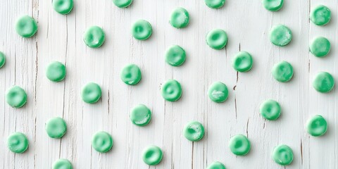 Close up of mint coated candies in a uniform pattern on a white wooden surface with ample negative space for text and soft green hues.