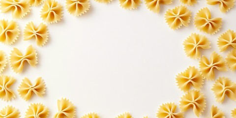 Fototapeta premium Circular frame of dried yellow farfalle pasta positioned symmetrically around the edges on a clean white background creating a minimalist composition