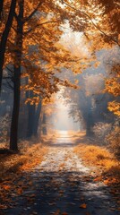 Serene autumn pathway lined with golden leaves in a tranquil forest.
