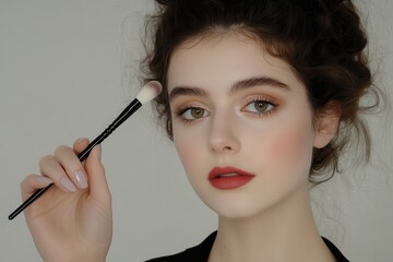 Obraz premium Young Woman Holding a Makeup Brush at Home, Preparing to Apply Beautiful Makeup for a Stunning Look in Natural Light, Close-up Portrait