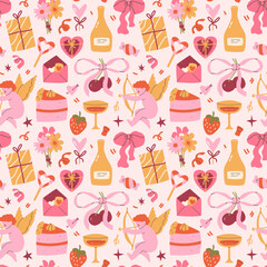 Vintage seamless seamless pattern with hand drawn romantic elements for Valentine's Day on a light background
