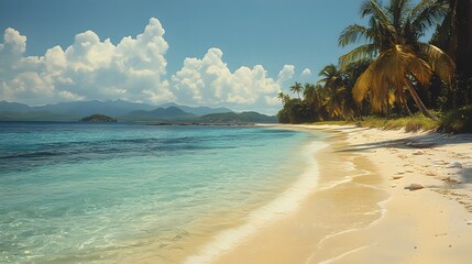A serene tropical shoreline with pristine white sand and vibrant turquoise waters, surrounded by natural beauty. generative ai