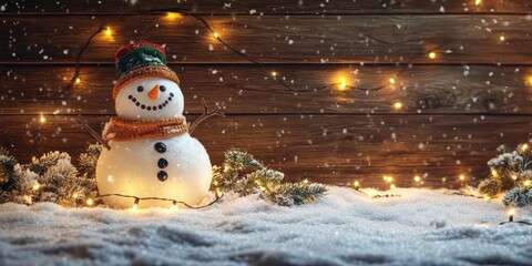 Obraz premium Snowman with scarf and hat on snowy ground surrounded by lights and evergreen branches against a wooden background with holiday ambiance