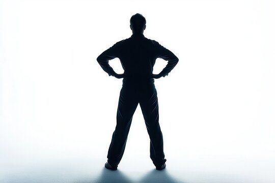 Confident Individual Standing with Hands on Hips, Emphasizing Self-Assurance and Poise in Silhouette Against a Bright Background