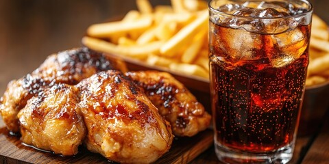 Savory grilled chicken served with golden French fries and a glass of cola on a rustic wooden...