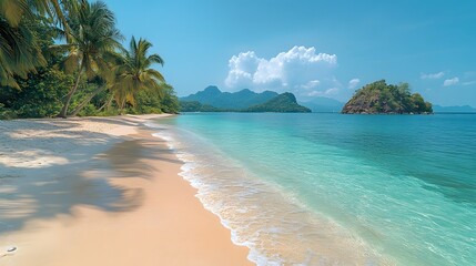 A tropical paradise with soft white sand, sparkling turquoise waters, and a tranquil, sunny ambiance. generative ai