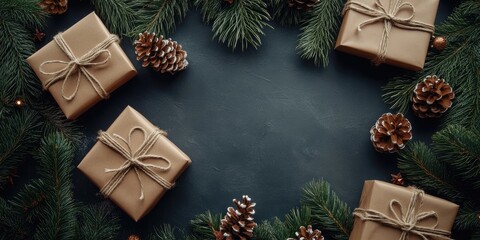 Festive Christmas arrangement with wrapped gifts pine cones and fir branches around dark background creating a cozy holiday atmosphere