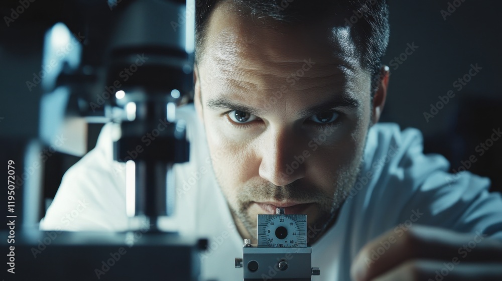 Aufkleber focused scientist examining precision measurement with microscope