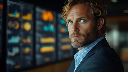 Fototapeta premium Confident businessman looking over shoulder at data charts.