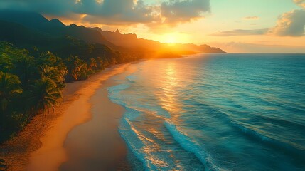 A stunning tropical beach scene at sunrise, with colorful skies and tranquil turquoise waters. generative ai