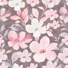 Watercolor floral seamless pattern. Hand-painted flowers and leaves on a gray background.