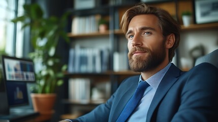 Pensive businessman in office chair, looking away.