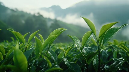 Obraz premium Dew-Covered Leaves on Tea Bushes in Plantation