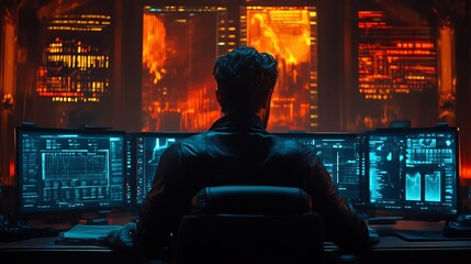Hacker at multiple monitors in dark room.