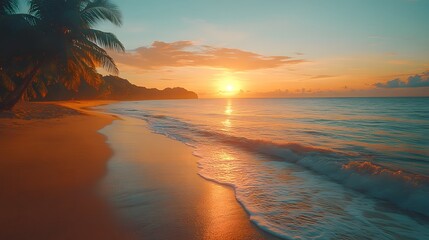 A vibrant tropical beach at sunrise with golden light reflecting on turquoise waters and soft sand. generative ai