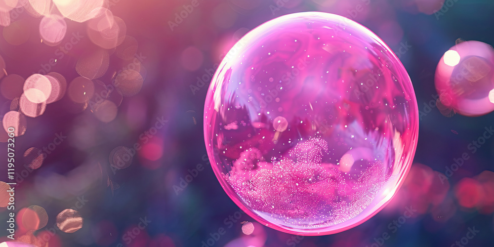 Poster pink bubble with bokeh background and smaller bubbles