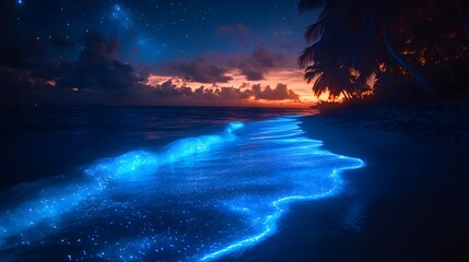 Bioluminescent waves glowing along the shoreline under a starry night sky, creating a magical coastal scene. generative ai