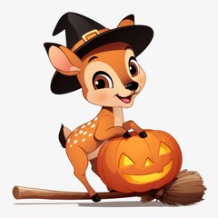 Adorable Halloween Fawn with Jack o lantern on Broom Illustration