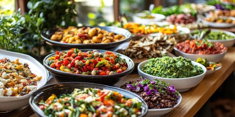 Vibrant summer buffet with multicolored dishes on a wooden table featuring salads and sides in black and white bowls surrounded by greenery.