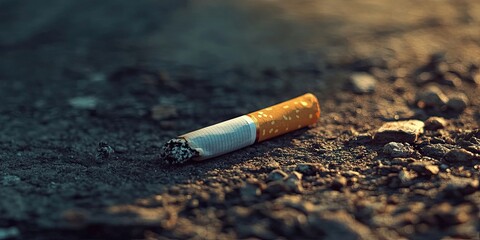 Cigarette lying on a textured ground with a blurred background featuring orange and white tones and scattered stones illuminated by soft light