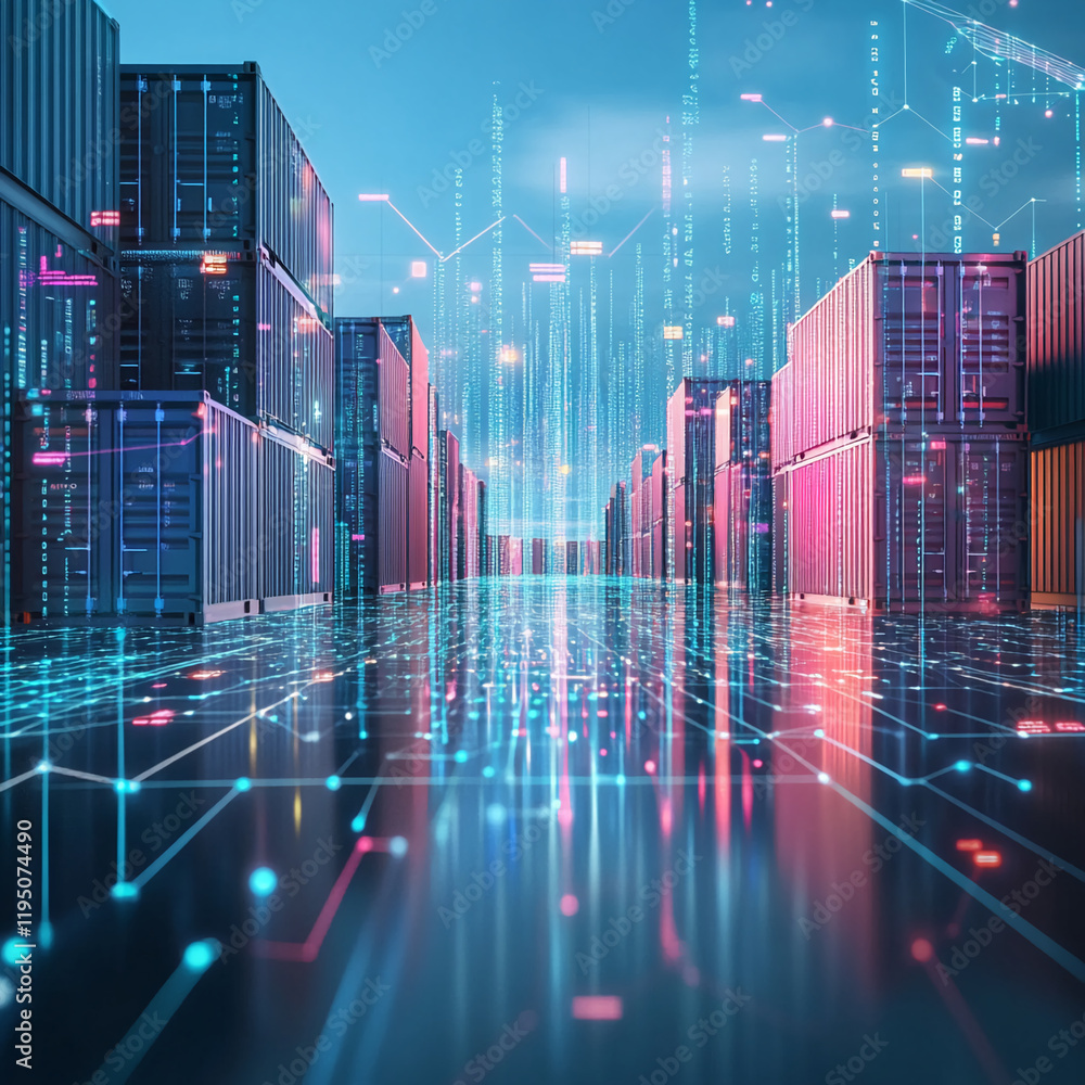 Poster digital logistics with futuristic containers and glowing data overlay