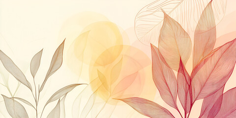 Fototapeta premium Abstract Botanical Watercolor: Delicate, translucent leaves in shades of red, yellow, and grey dance across a soft, ethereal background, creating a captivating abstract botanical illustration.
