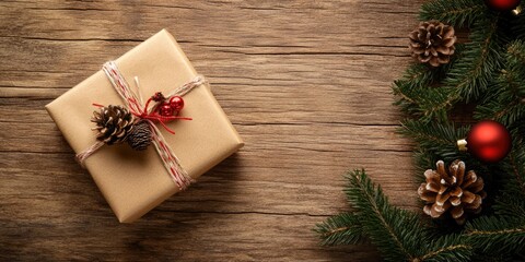 Fototapeta premium Gift box wrapped in brown paper with twine on wooden background decorated with pinecones and evergreen branches in green and red tones.