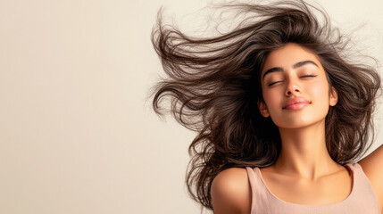indian model flipping her hair confidently, on white background.
