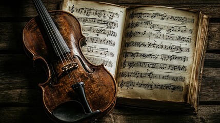 Antique Violin Resting on Aged Sheet Music Classical Music Instrument Vintage Wood Background