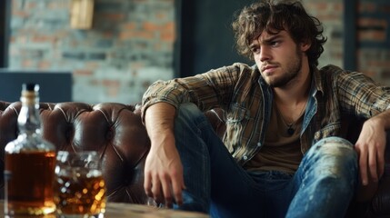 Fototapeta premium Thoughtful young man resting on couch with whiskey and bottle nearby