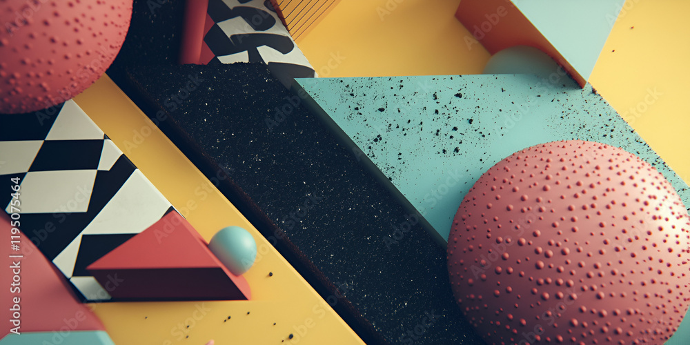 Poster abstract geometric composition: a vibrant and dynamic interplay of geometric shapes, featuring textu
