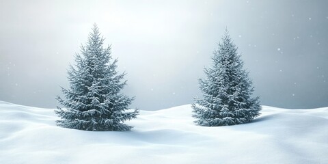 Fototapeta premium Snow-covered Christmas trees in a serene winter landscape with soft gray background and delicate snowflakes falling gently from above.
