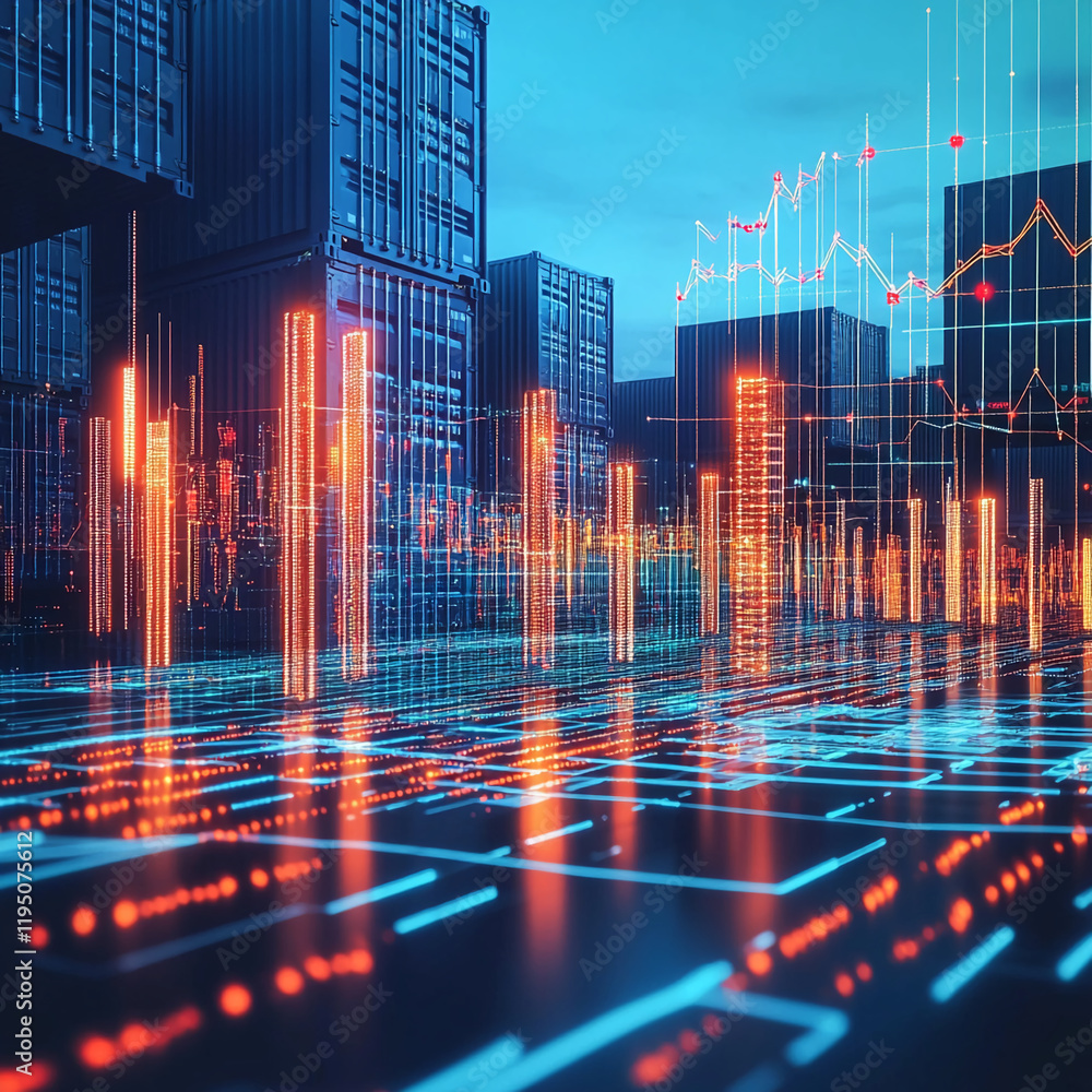 Poster digital futuristic logistics hub with glowing data and shipping containers