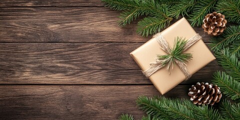 Christmas gift box wrapped in brown paper with twine placed on a rustic wooden background surrounded by green pine branches and pine cones